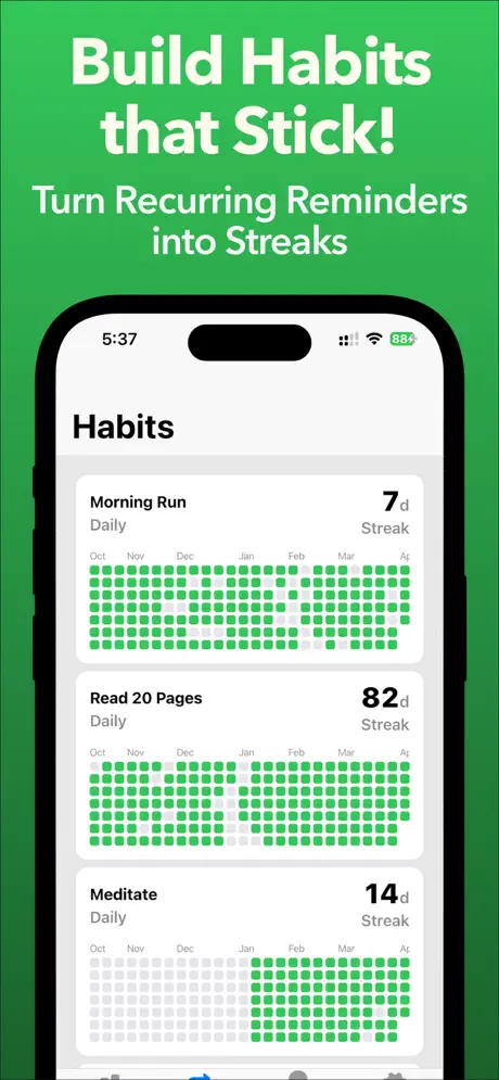 ReminderStats Habits screen: Morning Run, Read 20 Pages and Meditate as habits from repeating Apple Reminders, each with a day streak and a heatmap